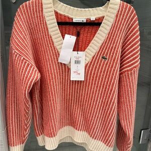 Lacoste Women's V-Neck Sweater in Red and Cream